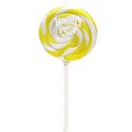 Yellow and White Whirly Pop with a custom full color label